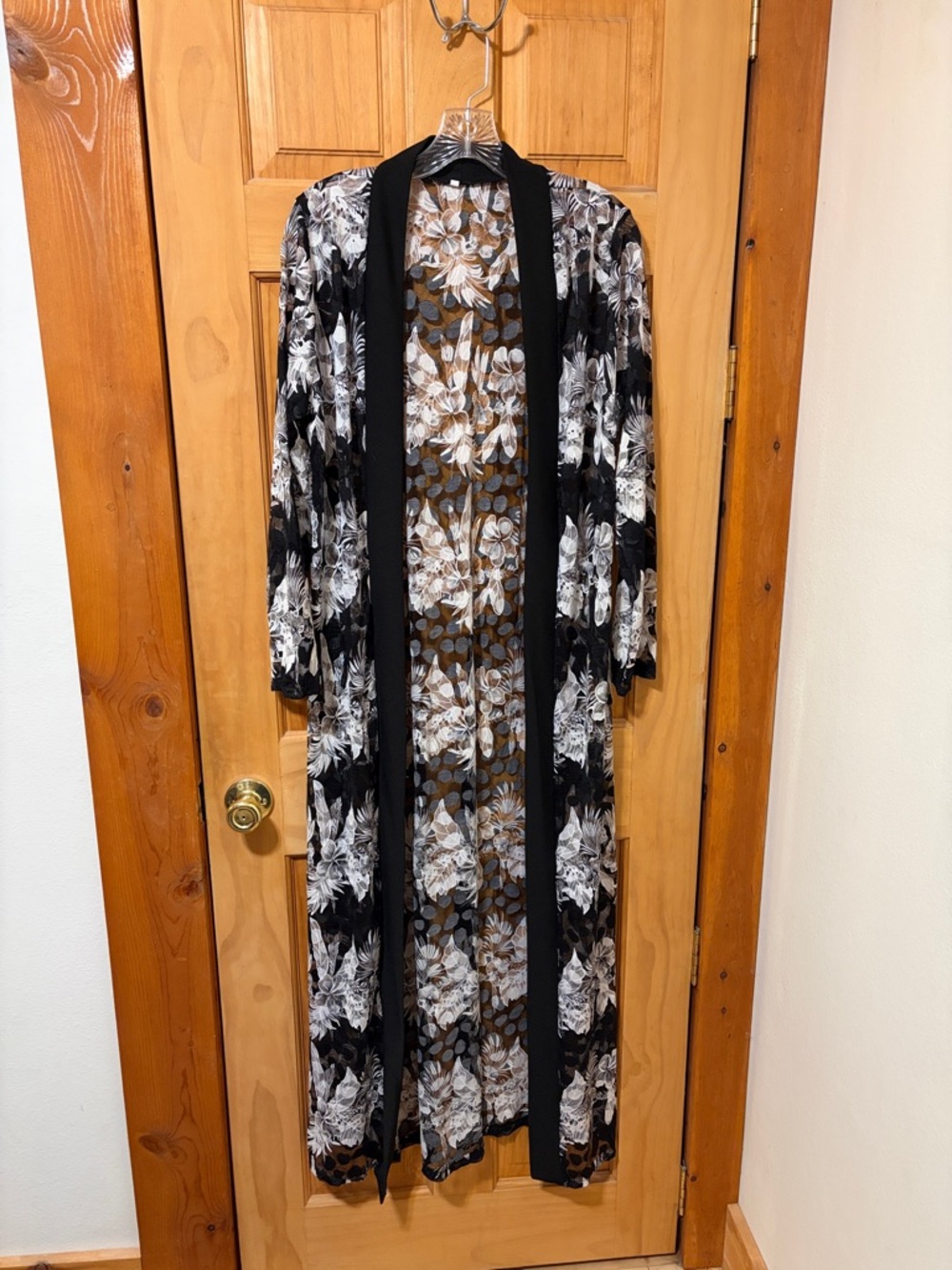 NWOT. Long Black Floral Semi Sheer Duster Cover Up/ Cardigan